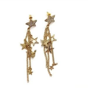 Gold Sparkling Star Stud Chain Stars Dangle Drop Earrings